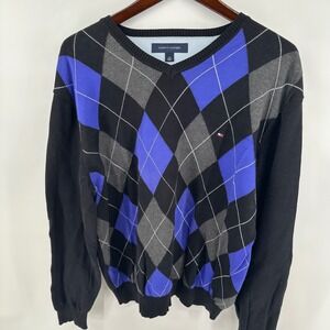 Tommy Hilfiger Mens Argyle V-Neck Sweater Blue Black Grey Cotton Size Large